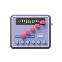 A sound mixer displays slider controls and knobs, providing visual feedback through a screen displaying green bars, indicating adjustable settings for controlling audio levels. png