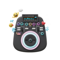 A black DJ controller with emoji floating around it creates a fun and vibrant atmosphere for music creation. png