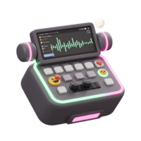A podcast mixer featuring a screen, buttons, and emoji accents provides a whimsical and modern interface for audio production. png