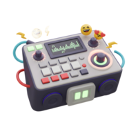 This is a 3D rendering of a grey sound mixer with a screen showing sound waves, along with various controls and emoji decorations, for creating fun audio mixes. png