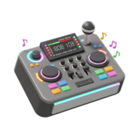 A gray DJ mixer with colorful buttons, a screen, and a microphone is displayed against a white background, suggesting use in music production and audio entertainment. png