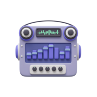 A stylized 3D rendered audio equalizer featuring sliders, knobs, and a waveform display is ideal for use in music and design projects. png