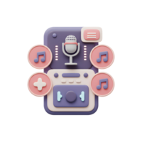 isto 3d render retrata uma estilizado música aplicativo interface com uma microfone, música notas, e jogar botão, perfeito para visualizando audio edição ou música criação. png