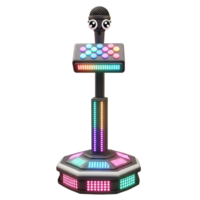 A karaoke machine with eyes sits on a base surrounded by colorful buttons, designed for entertainment. png