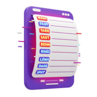 A 3D rendered mobile app interface shows a list with various names in colorful boxes, useful for demonstrating app design or a contact list. png