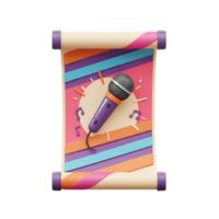 A microphone stands out against colorful stripes and music notes on a scroll, suggesting its use in promoting music events or lessons. png