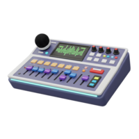 A sound mixer with a microphone sits on top, displaying audio levels on a screen, used for music production and sound recording. png