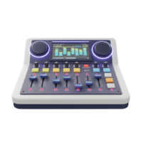 This is an audio mixing console with a screen, knobs, and sliders that can be used for mixing audio and creating professional sound productions. png