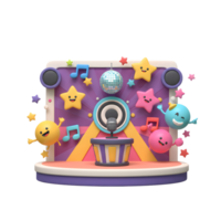 This vibrant cartoon scene features a stage with a microphone, stars, musical notes, and a disco ball, perfect for illustrations related to children's entertainment and musical performances. png