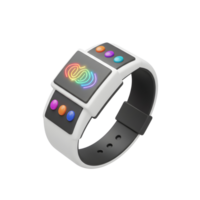 A smartwatch with a rainbow logo on the screen and colorful buttons is isolated on a white background for a futuristic or technological display. png