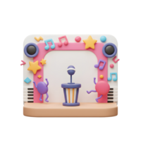 Cute cartoon stage featuring a microphone, musical notes, and dancing characters makes a cheerful and playful backdrop for children's entertainment. png