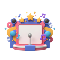 A vintage microphone is presented on a stage surrounded by stars, musical notes, and various colorful elements, creating a playful and vibrant atmosphere for performances or presentations. png