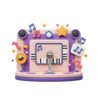 A cartoon stage with a microphone and music notes is displayed in a fun, playful style, perfect for children's entertainment or music-related content. png