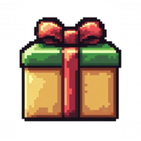 Pixel art gift box in beige, adorned with red ribbon, sitting on transparent backdrop, elements celebration and symbolizing graphic gaming png