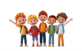 3d icon Cheerful elementary students wearing backpacks, smiling and waving, standing together against clean minimalist background png
