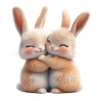 Fluffy 3d icon rabbits embracing tenderly, eyes closed, expressing deep emotional connection against transparent background png
