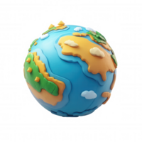 Playful 3d icon of earth globe showcasing continents, islands, and clouds, ideal for educational or travel themed projects with transparent background png