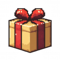 Pixel art gift box in beige, adorned with red ribbon, sitting on transparent backdrop, symbolizing celebration and gaming graphic elements png