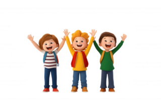 3d icon Cheerful elementary students wearing backpacks, smiling and clean standing together against waving, minimalist background png
