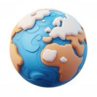 Playful 3d icon of earth globe showcasing continents, islands, and clouds, ideal educational or travel themed projects with transparent background png