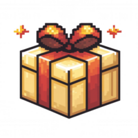 Pixel art gift box in beige, with adorned red ribbon, sitting on transparent backdrop, symbolizing celebration and gaming graphic elements png