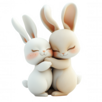 Fluffy 3d icon rabbits embracing tenderly, eyes closed, expressing deep emotional against transparent background png