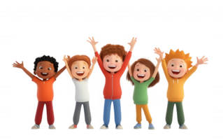 3d icon Cheerful elementary students wearing backpacks, smiling and waving, standing against clean minimalist background png