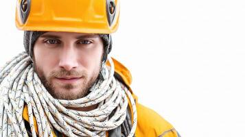 A man wearing a hard hat and holding a rope photo