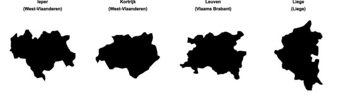Ieper, Kortrijk, Leuven, Liege outline maps vector