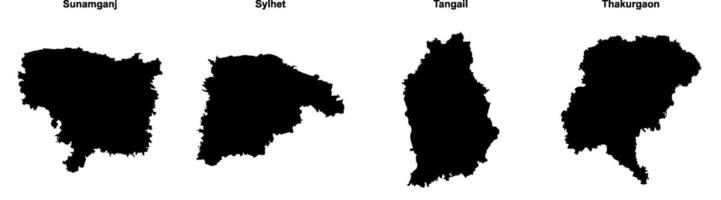 Sunamganj, Sylhet, Tangail, Thakurgaon outline maps vector
