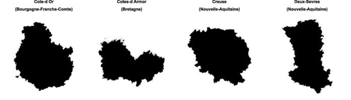 Cote d Or, Cotes d Armor, Creuse, Deux Sevres outline maps vector