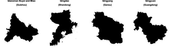 Qianxinan Buyei and Miao, Qingdao, Qingyang, Qingyuan outline maps vector