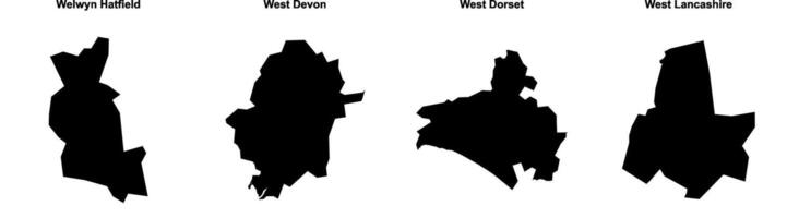 Welwyn Hatfield, West Devon, West Dorset, West Lancashire outline maps vector