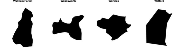 Waltham Forest, Wandsworth, Warwick, Watford outline maps vector