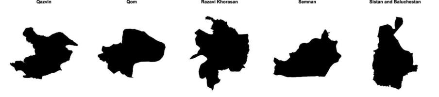 Qazvin, Qom, Razavi Khorasan, Semnan, Sistan and Baluchestan outline maps vector