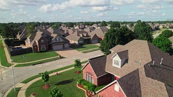 A cottage village in America. View from the drone. A sunny summer day photo