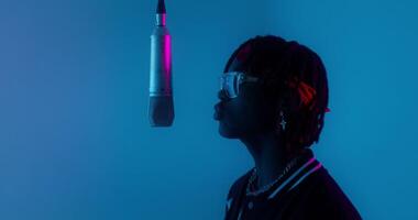Recording a clip. The rapper sings into a hanging microphone standing on a blue background in the studio photo