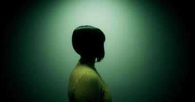 A woman in a wig turns around on the spot, lamps of different colors blink, an unrecognizable person photo