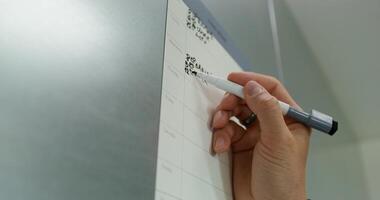 A man in casual clothes fills out a chart with a schedule hanging on the kitchen cabinet. close-up of his hand, an unrecognizable person photo