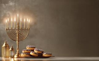 Celebration With Donuts and a Menorah During a Festive Gathering photo