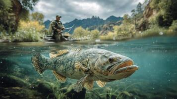 Fishing at Dawn Near a River With a Large Bass Swimming in Clear Water photo