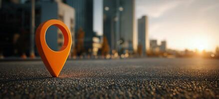 Bright Orange Location Pin Stands on City Street During Sunset When Urban Life Slows Down photo