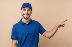 Friendly Assistant in Blue Uniform Pointing and Smiling Against a Neutral Background photo