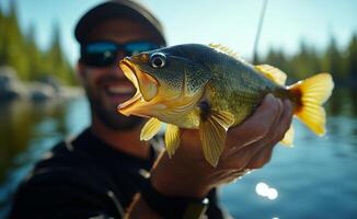 Fisherman Catches a Large Fish in a Serene Lake Setting During Bright Sunny Day photo