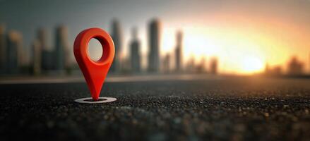 Urban Landscape Featuring a Red Location Pin at Sunset photo