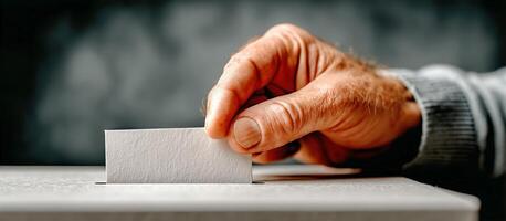 Hand Placing Blank Paper Into Ballot Box During Election Process for Civic Engagement photo