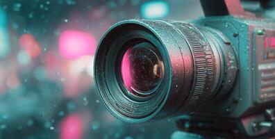 Camera Lens With Raindrops Reflecting Vibrant City Lights photo