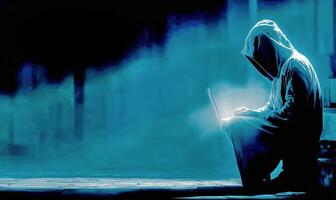 Mysterious Figure Working on Laptop in Dark Urban Setting at Night photo