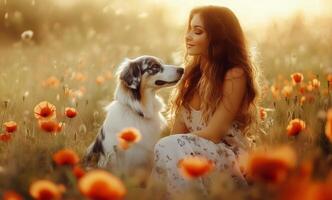 Woman Sits With Her Dog in a Flower Field During Sunset in Warm Golden Light photo
