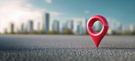 Colorful Location Marker Stands Prominently Against a City Skyline in Bright Daylight photo